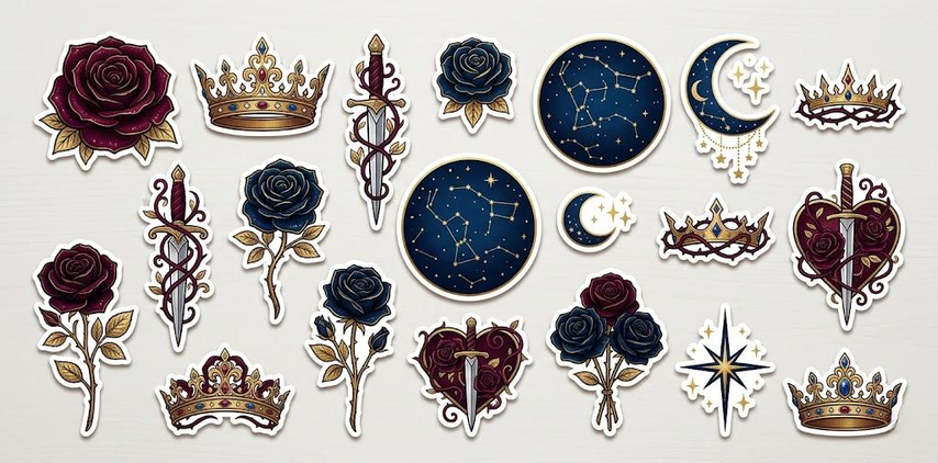 romantasy book sticker with roses and dagger illustration