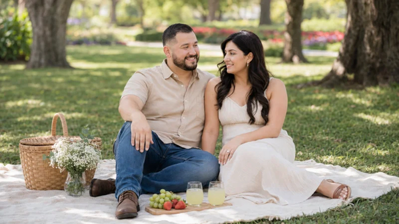 couple relaxing together on a park picnic blanket