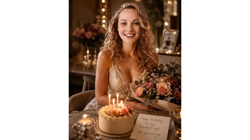 romantic birthday wife ai prompt with cake and flowers