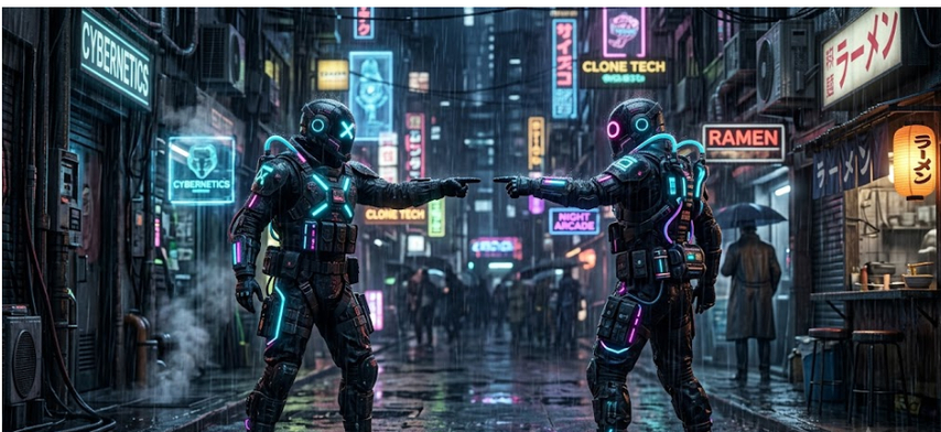 spider-man pointing meme sci-fi cyberpunk clone