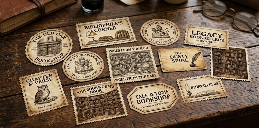 vintage bookshop sticker with serif text and old books