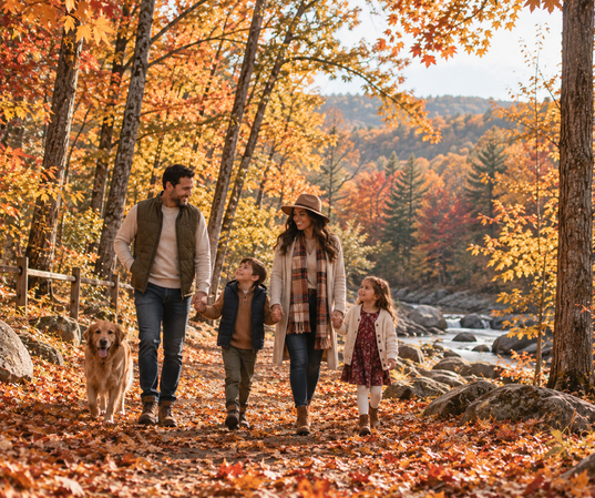 family walking through colorful forest