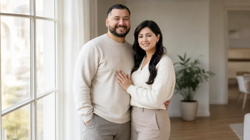 couple embracing beside a softly lit window
