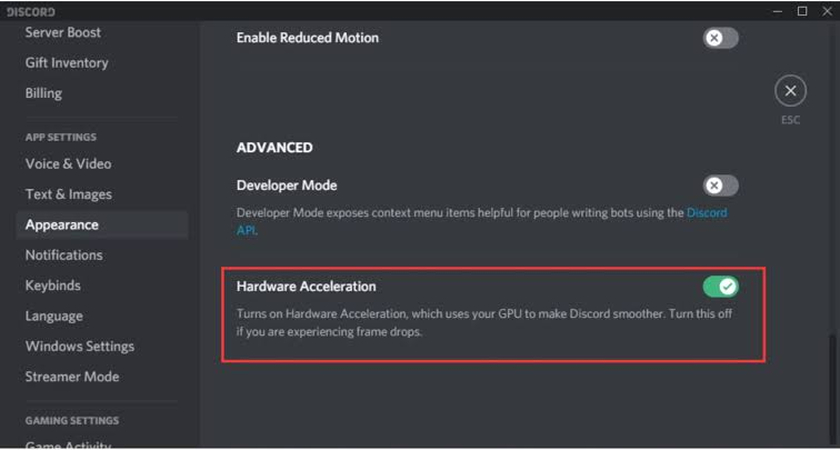 Disabling hardware acceleration in Discord settings to fix GIF rendering problems