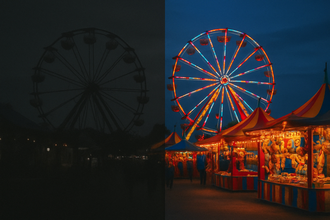 Side-by-side comparison of a before and after carnival scene