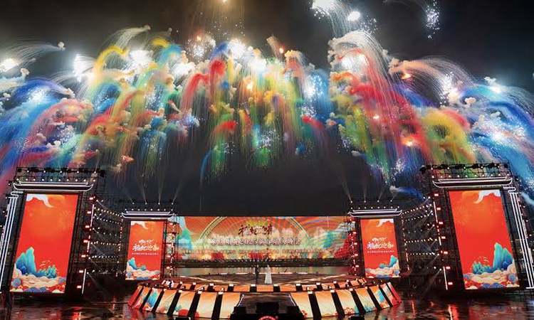 Fireworks over Chinese New Year lanterns