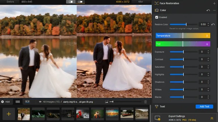 adjusting face restoration and enhancement strength for a wedding portrait