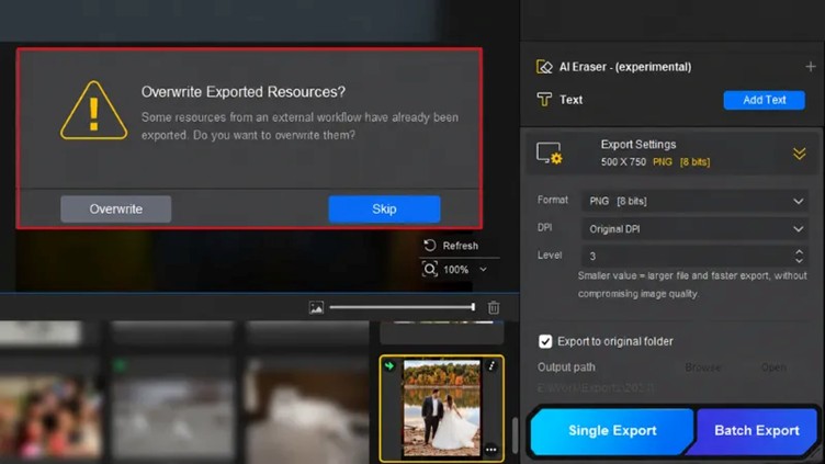 choosing the output format and single export in aiarty