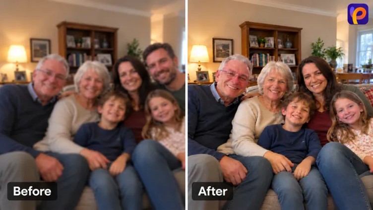 blurry family photo beside a clearer version with the hitpaw fotorpea