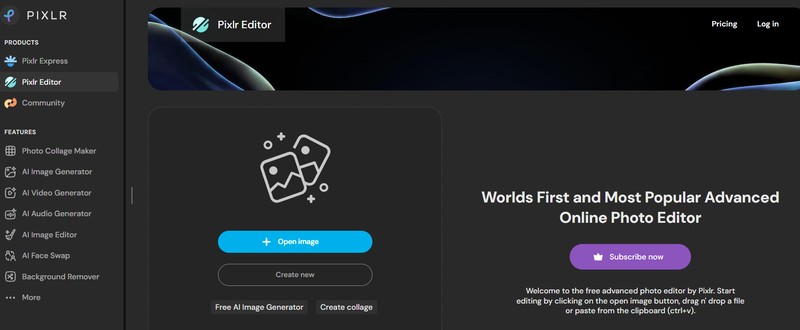 pixlr online photo editor homepage
