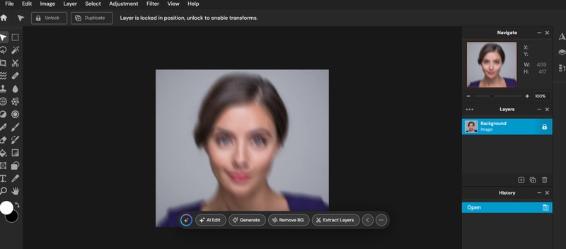 pixlr editor showing a blurry portrait