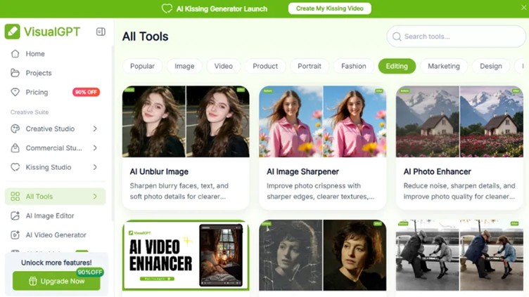 selecting ai photo enhancer from the visualgpt tools menu