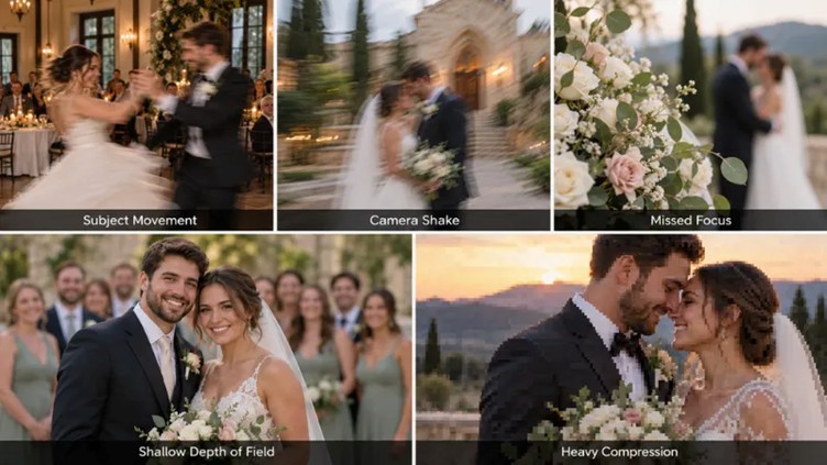 five wedding photo examples showing common causes of blur