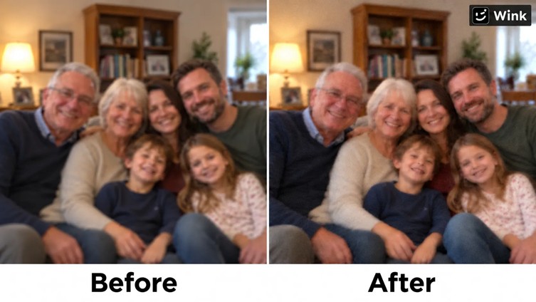 blurry family portrait beside an edited version