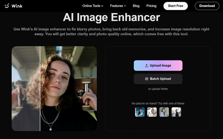 wink ai image enhancer upload screen