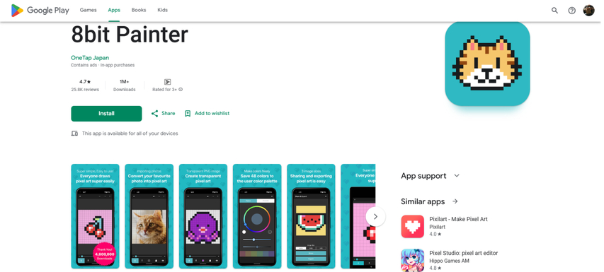 googleplay store homepage screenshot of 8bitpainter