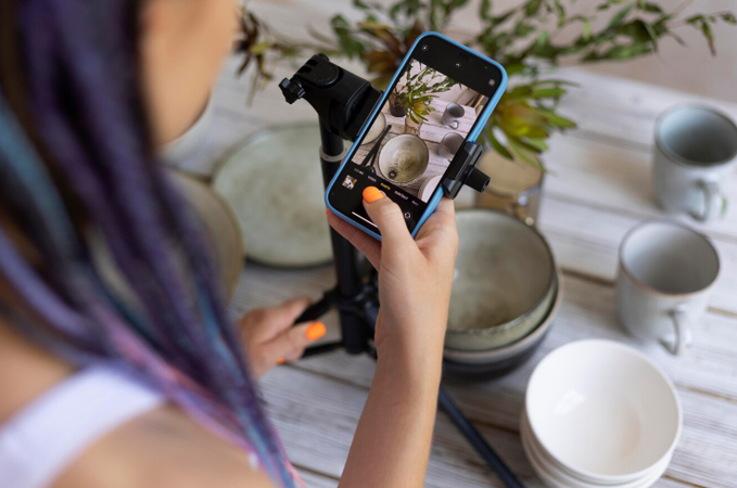 a girl capture crockery and plants with smartphone