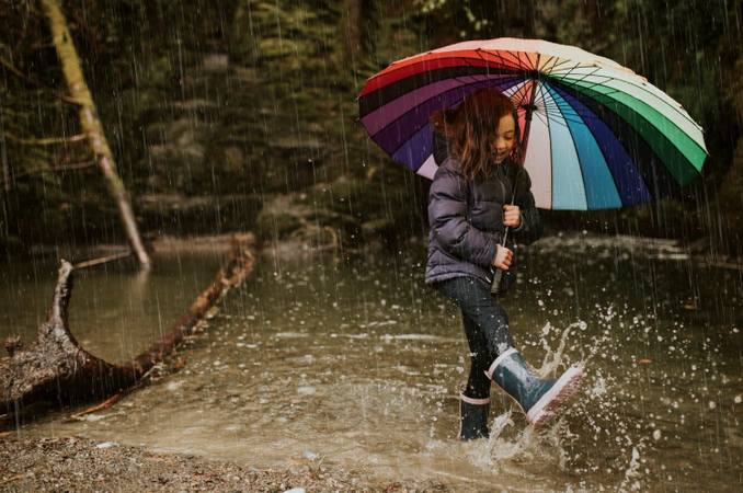 a girl enjoying rain with colorful umbrella