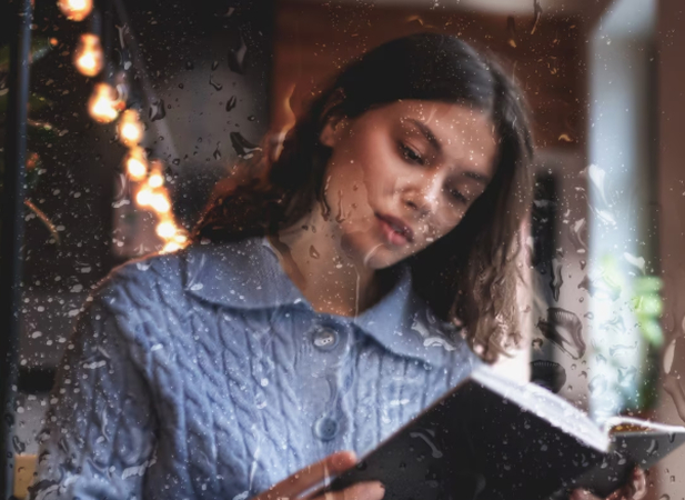 a girl reading book photography with raindrops on glass