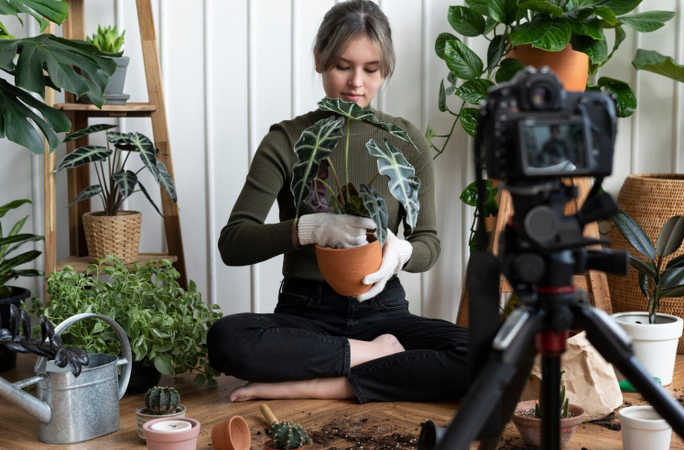 a girl setup the tripod with camera and set the plants