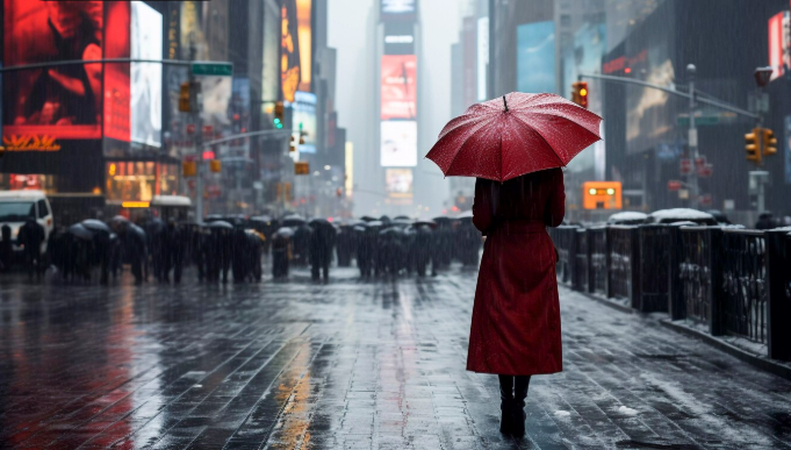 a girl walking with umbrella in rain on street