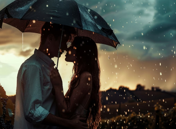 a romantic couple photography in rain with umbrella