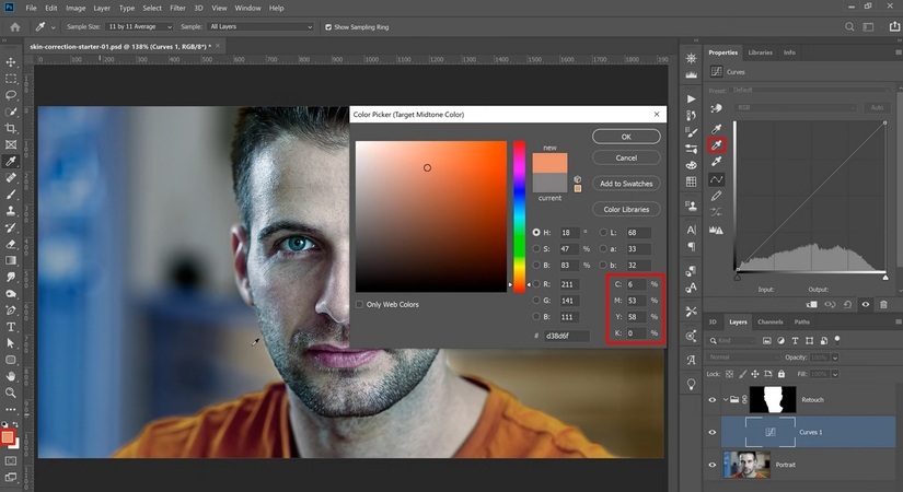 selecionar proporções cmyk nas curvas