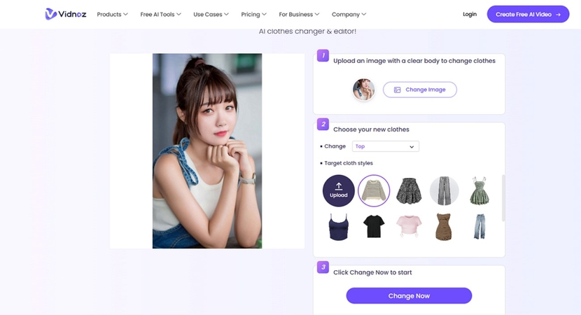 モデルの服装を変更するにはVidnozを選択
