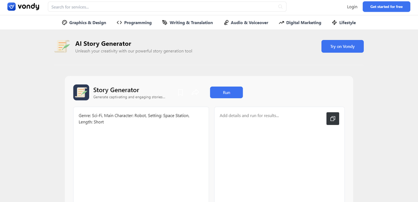 Vondy AI story generator UI with genre options