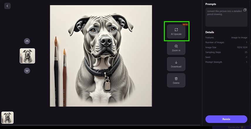 use ai upscale to fine tune your dog sketch