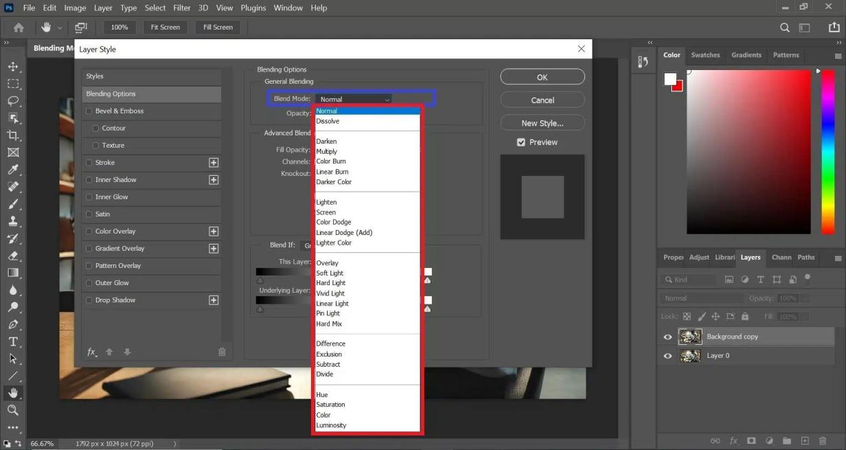 using color fill layers with blending modes