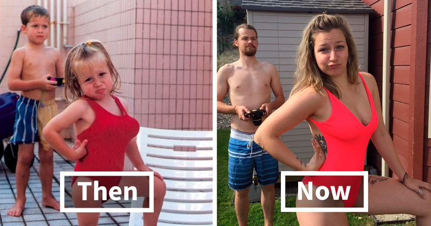 siblings before and after family photo recreation