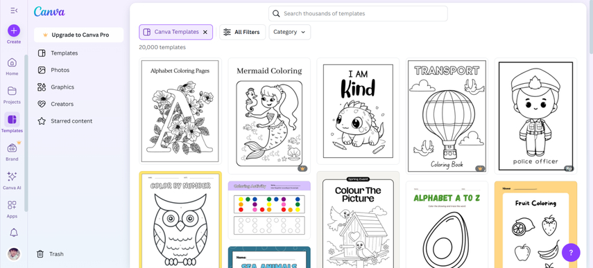 homepage screenshot of canva coloring page templates