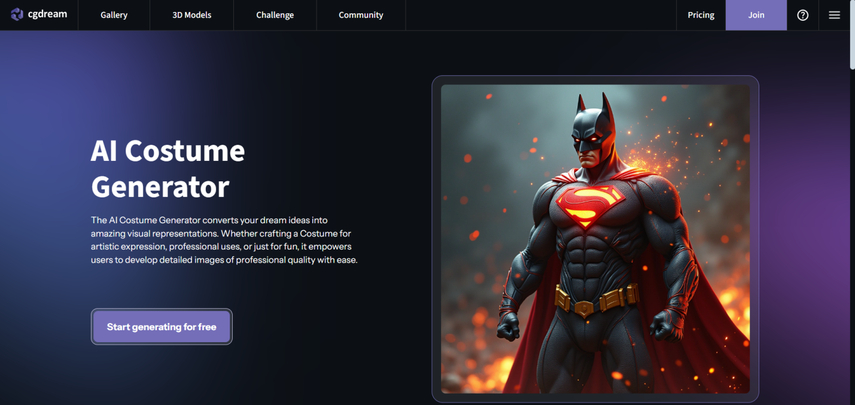 homepage screenshot of cgdreamai ai costume generator