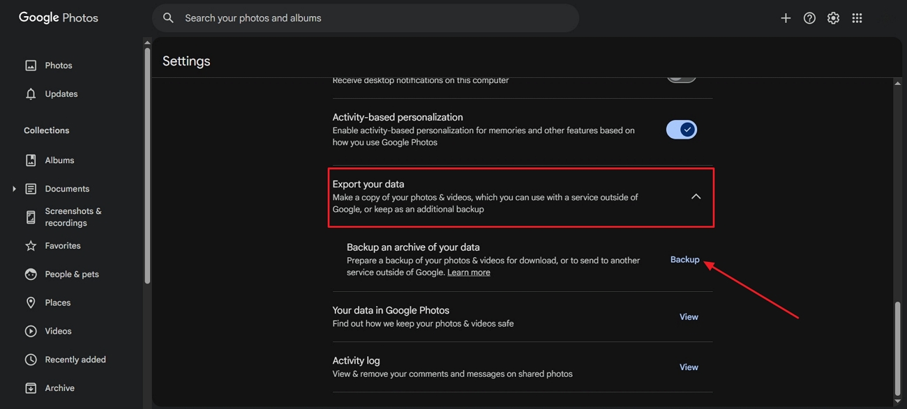 press backup in google photos settings