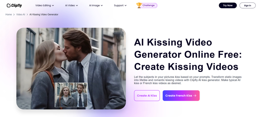 homepage-of-clipfly-ai-kiss-generator-tool