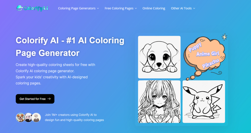 homepage screenshot of colorify ai coloring page generator