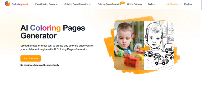 homepage screenshot of coloring book ai coloring page generator