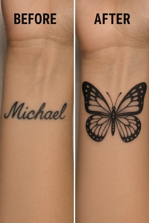 cobrir tatuagem de nome no pulso com borboleta