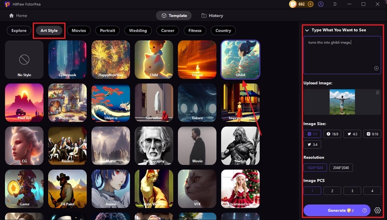 pick art style properties and generate