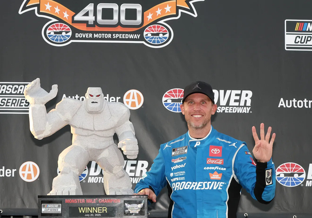 On July 20, Denny Hamlin celebrates in Victory Lane after winning the AutoTrader EchoPark Automotive 400 at Dover Motor Speedway in Dover, Delaware.