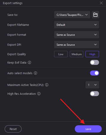 Exporting a face restored photo in HitPaw FotorPea