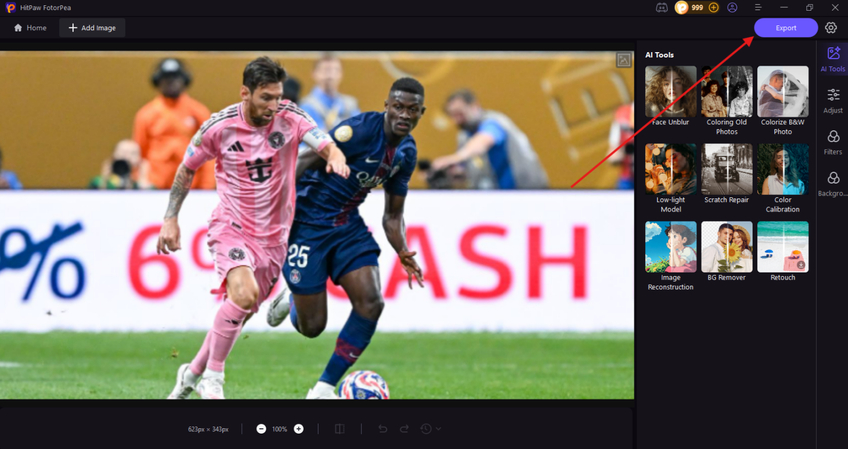 Exporting the edited photo from HitPaw FotorPea