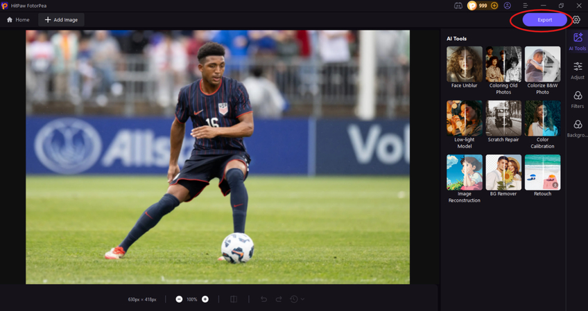 Exporting the enhanced photo from HitPaw FotorPea