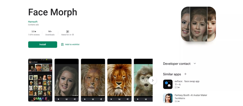 screenshot of playstore showing facemorph app