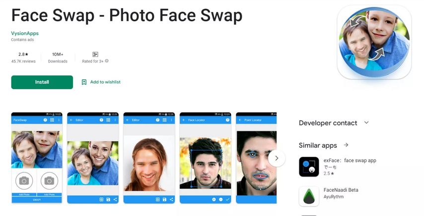 screenshot of playstore showing faceswap app