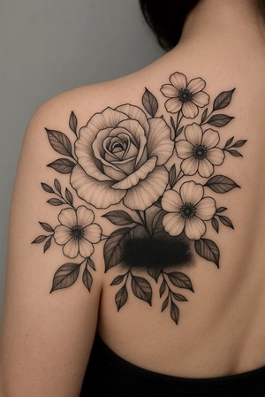 tatuagem floral no ombro cobrindo nome
