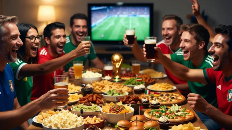 football fans watching match snacks