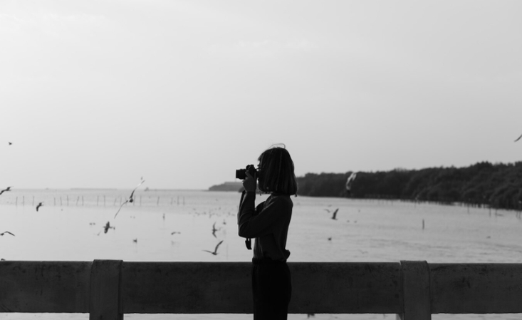 girl capturing the photo of flying birds on lake with camera