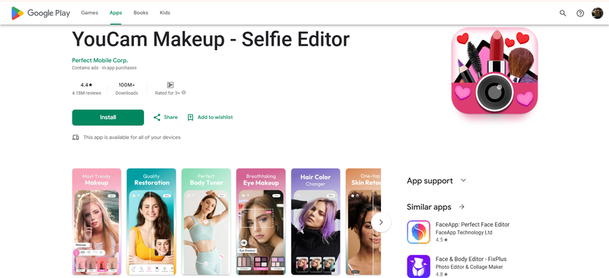 YouCam MakeupアプリのGoogle Playプレビュー